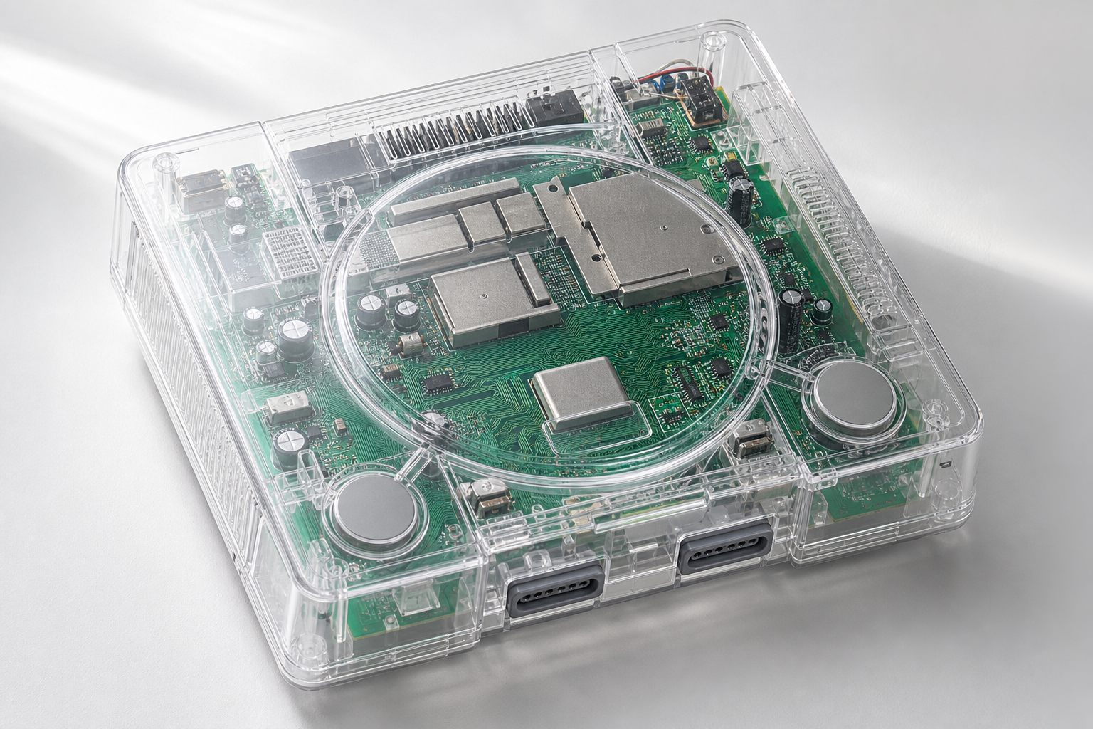 透明な外装に交換して中の基板が見えるようになった据置ゲーム機