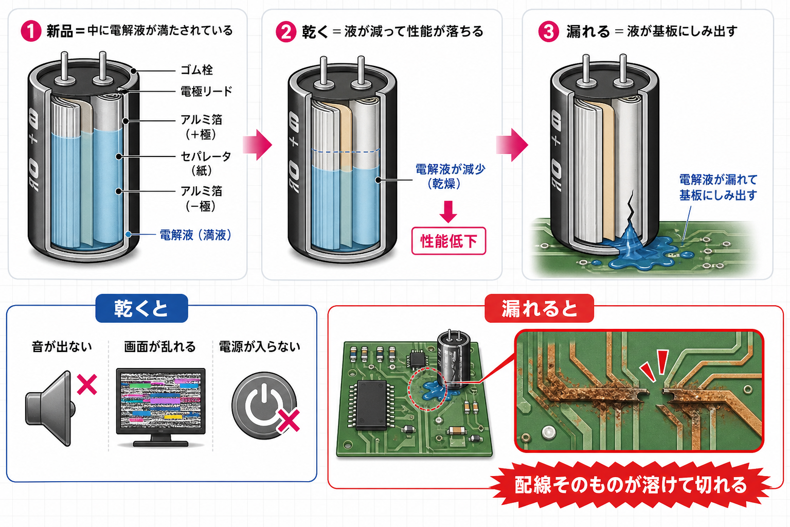 電解コンデンサが乾いたり漏れたりして故障する仕組みの図解