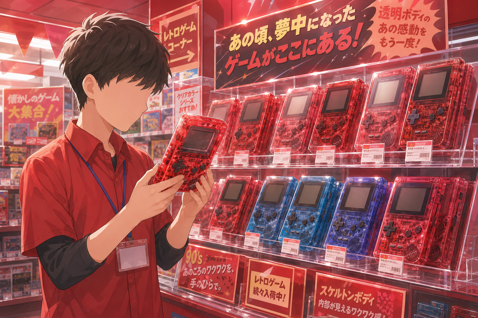 2016年、スケルトンカラーの一枚板ゲーム機が店頭に並んだ情景イラスト