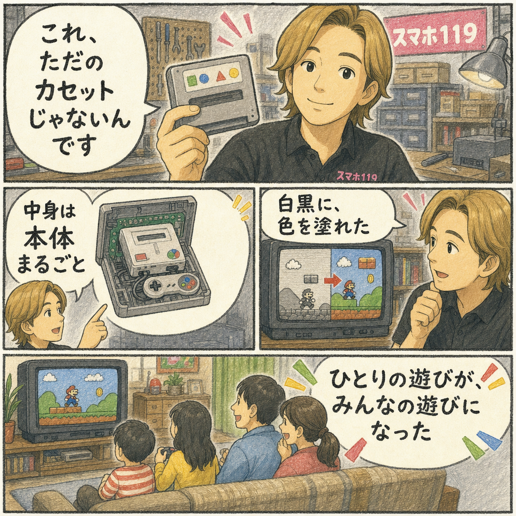 携帯ゲーム機をテレビで遊ぶ発明を語る専務の4コマ漫画
