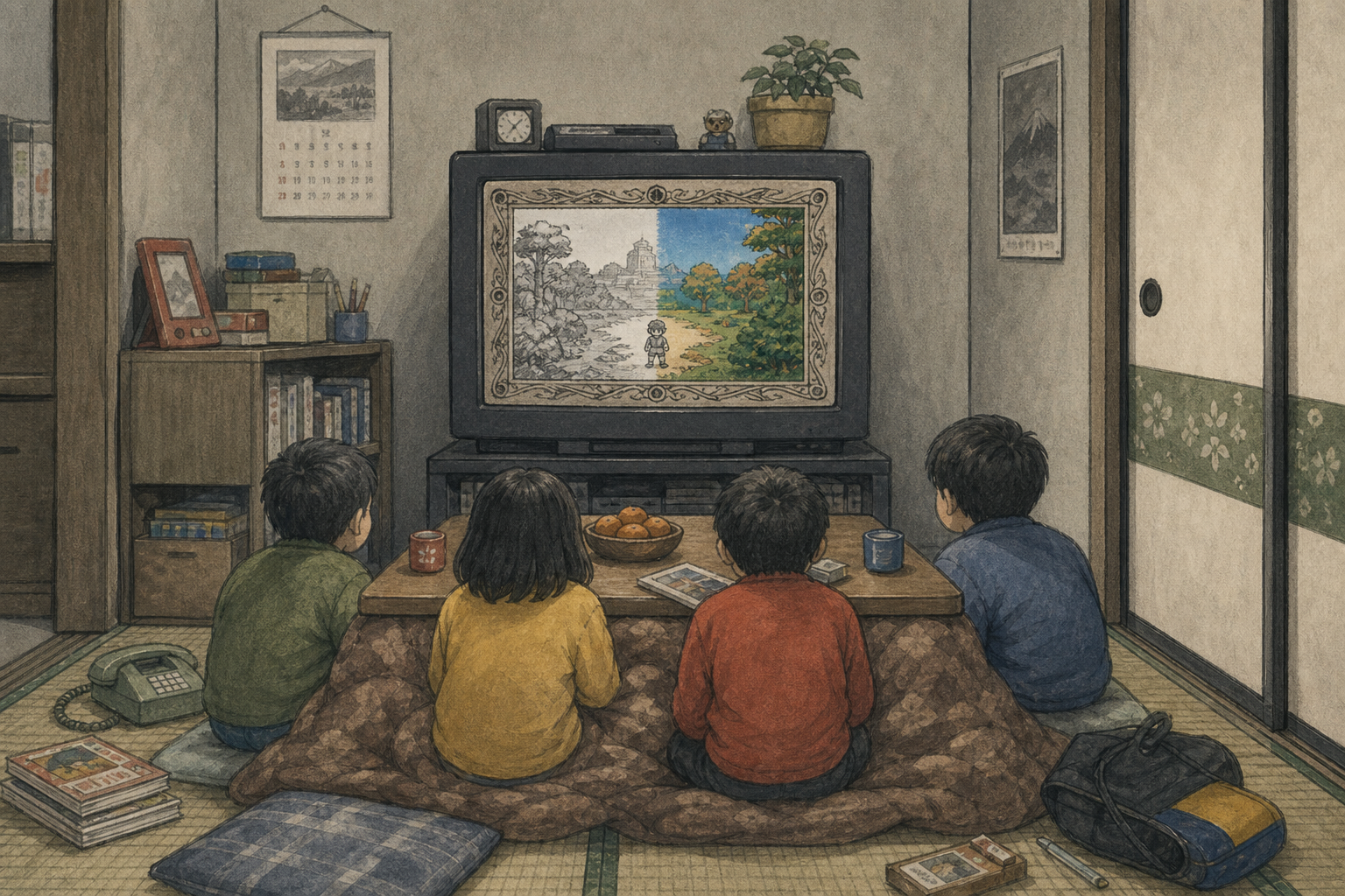 1990年代のリビングでテレビにつないだ白黒ゲームに色がつく情景イラスト