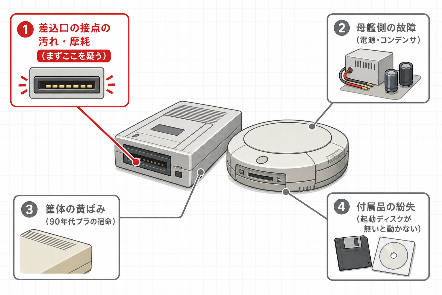 合体系ゲーム機で起きやすい接点不良や付属品紛失などの故障ポイント図