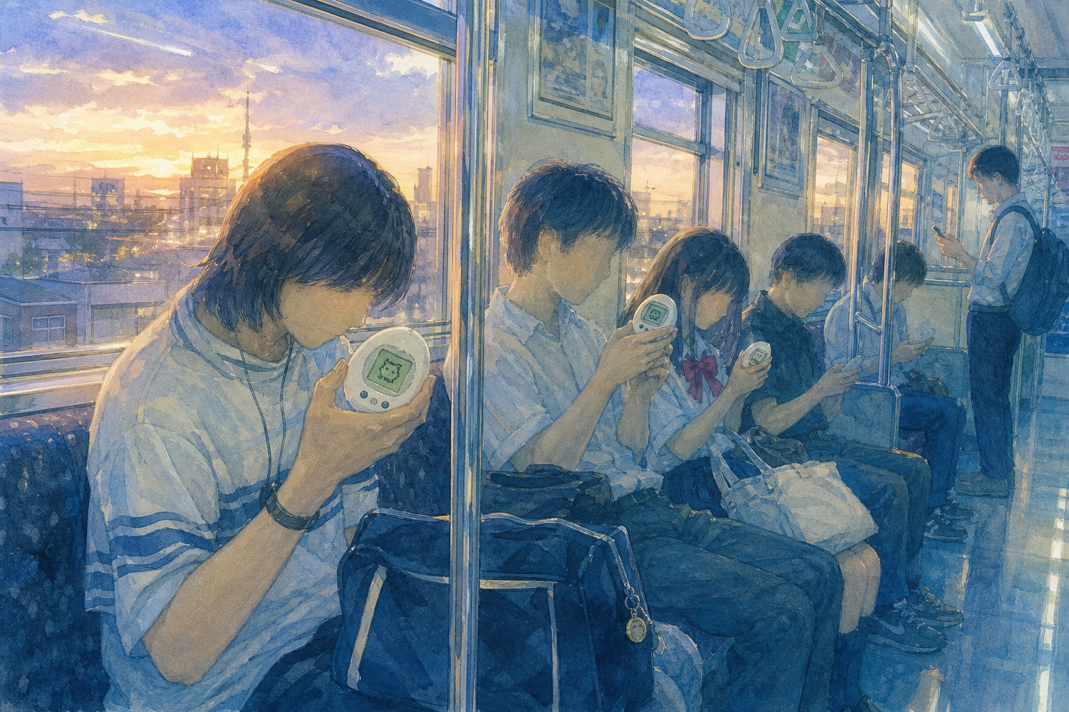 1999年、電車の中で小さな卵型ゲーム機を育てる人々の情景イラスト