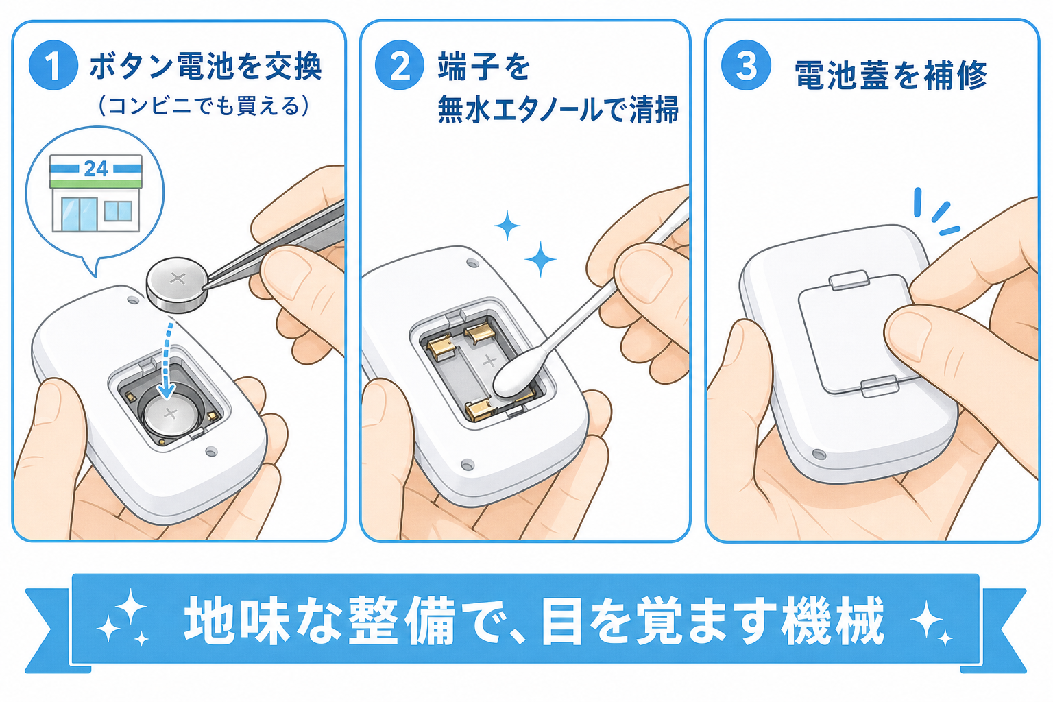 電池交換と接点清掃でポケットステーションを保つ整備の図