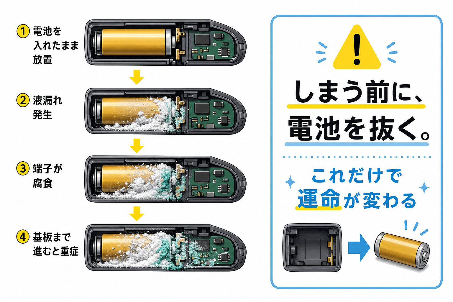 ボタン電池の液漏れが端子を腐食させる仕組みと予防法を示す警告図