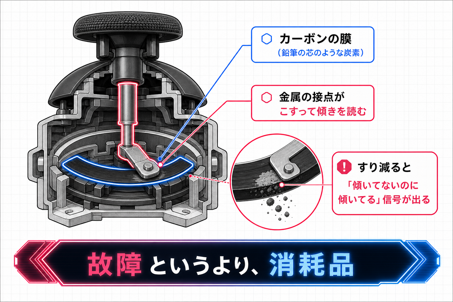 スティック内部のカーボン皮膜を金属接点がこすって摩耗する仕組みの断面図