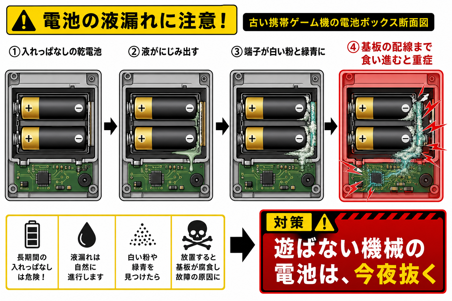 乾電池の液漏れが端子から基板へ腐食を広げる進行図