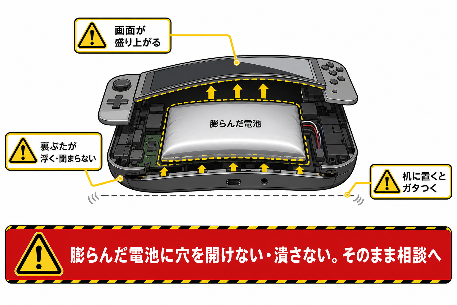 膨張したリチウムイオン電池が裏ぶたや画面を押し上げるサインの図