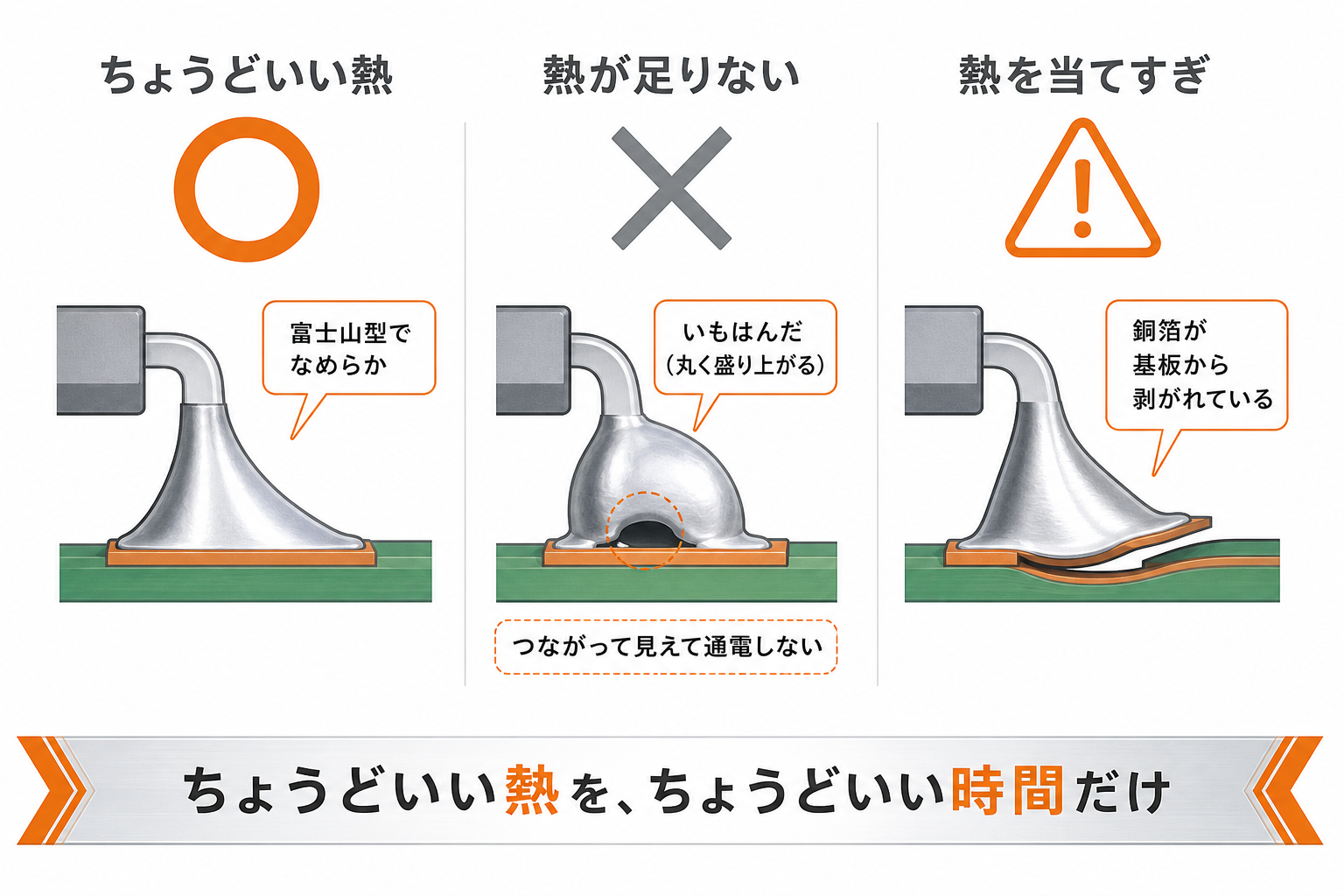 良いはんだといもはんだと熱の当てすぎの違いを示す比較図