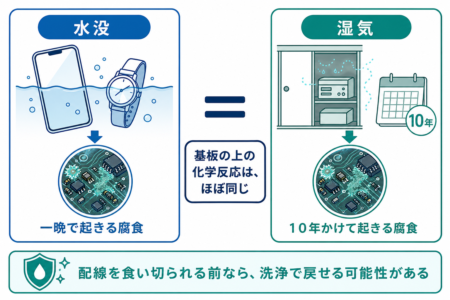水没は一晩の腐食、湿気は10年かけた腐食という比較図