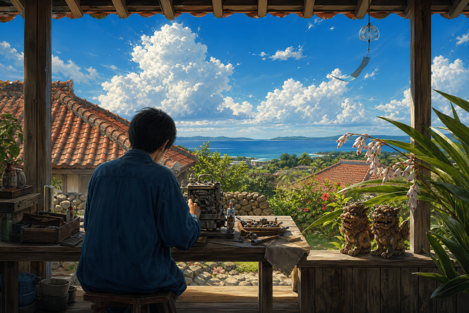 厳しい環境の島だからこそ根付いた直して使う文化を示す情景イラスト