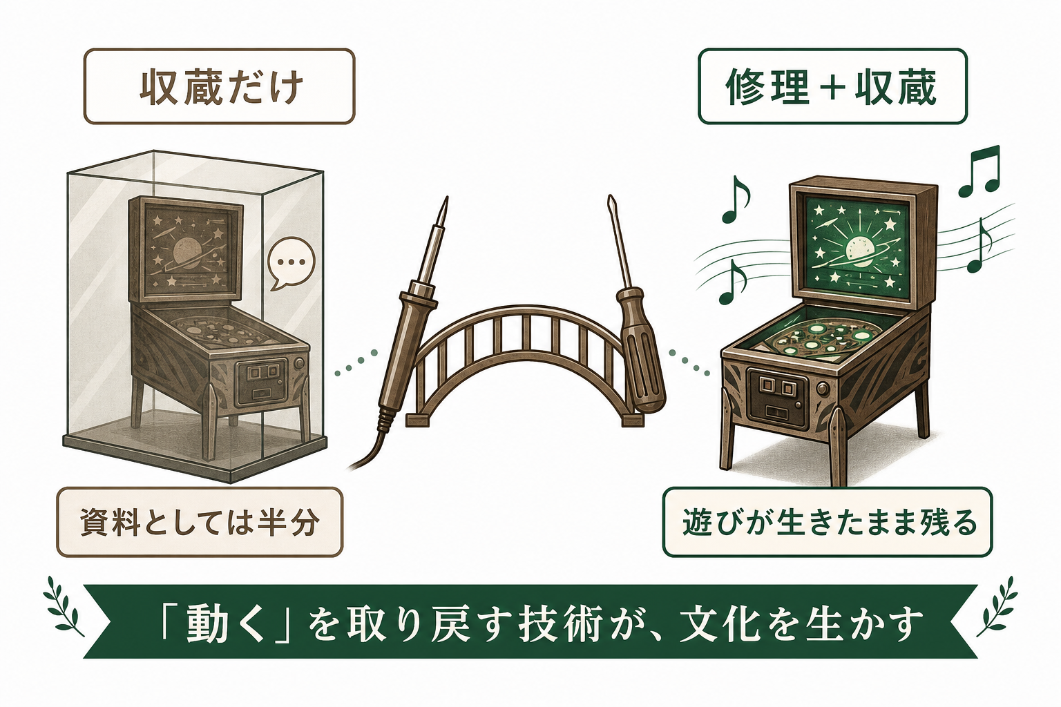修理の技術が動く状態の文化を未来へ残すことを示す図