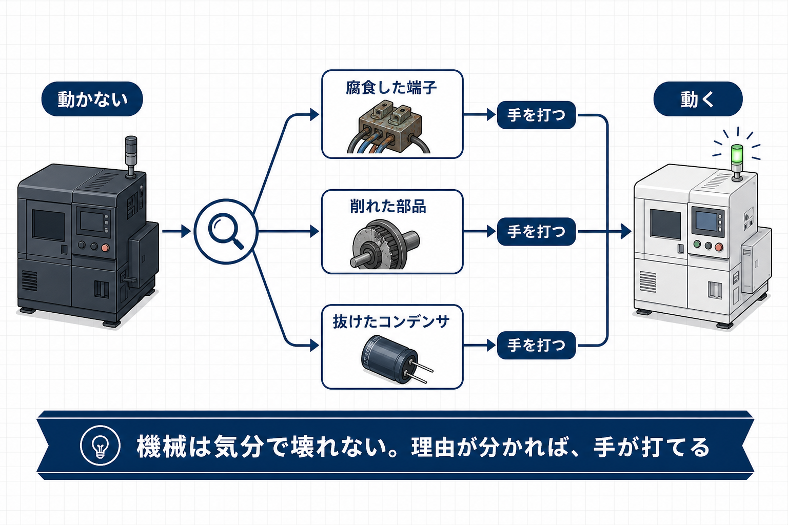 機械が動かないとき必ず原因があることを示す原因究明の流れ図