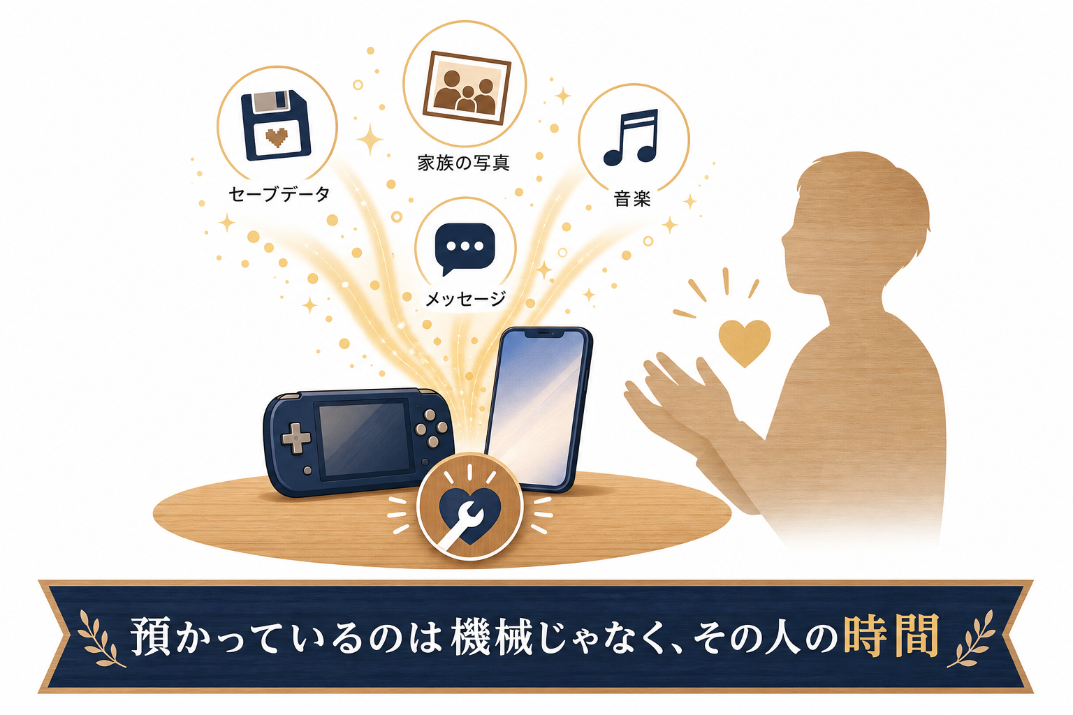 機械を直すと中の思い出が戻ってくることを示す図