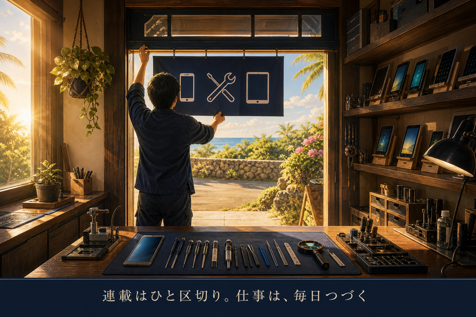 連載はひと区切り、修理の仕事は毎日続くことを示す情景イラスト