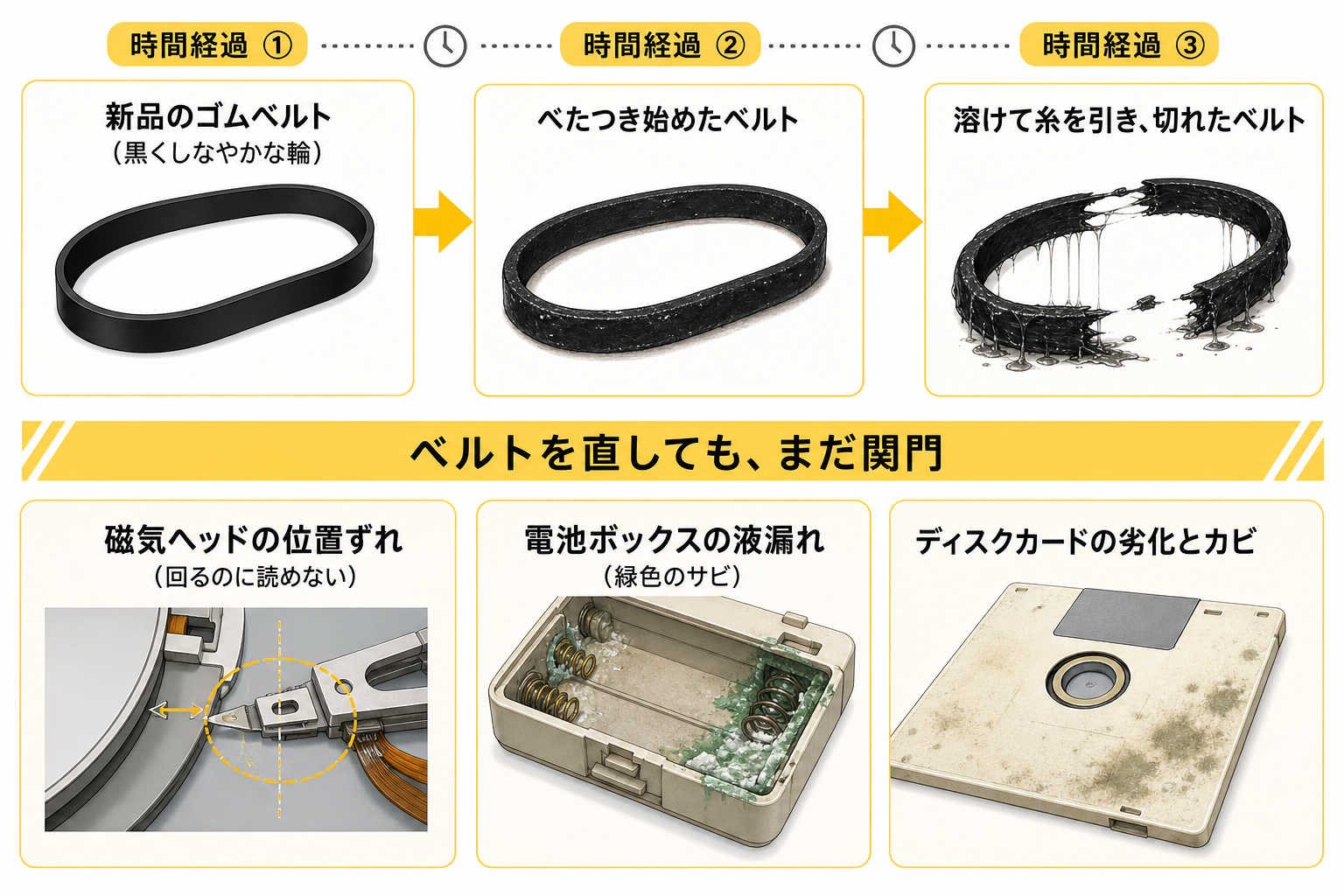 ゴムベルトが溶けて切れるまでの経過と、ヘッドずれ・電池液漏れ・カード劣化の関門を示す図