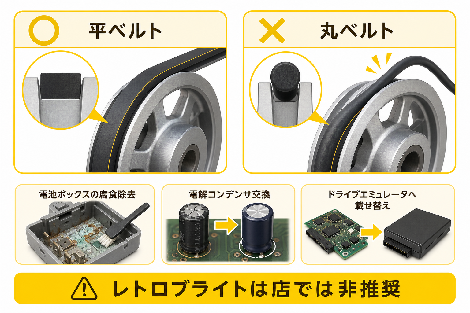 平ベルトと丸ベルトの違いを示した改造メモの図