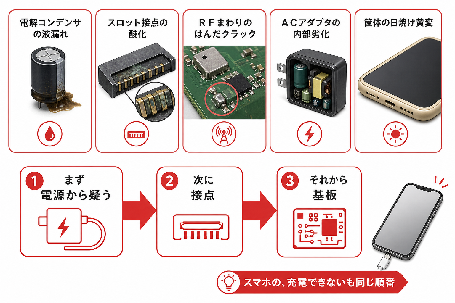 映らない音が出ないの原因5つと、電源から疑うという修理の順番を示す図