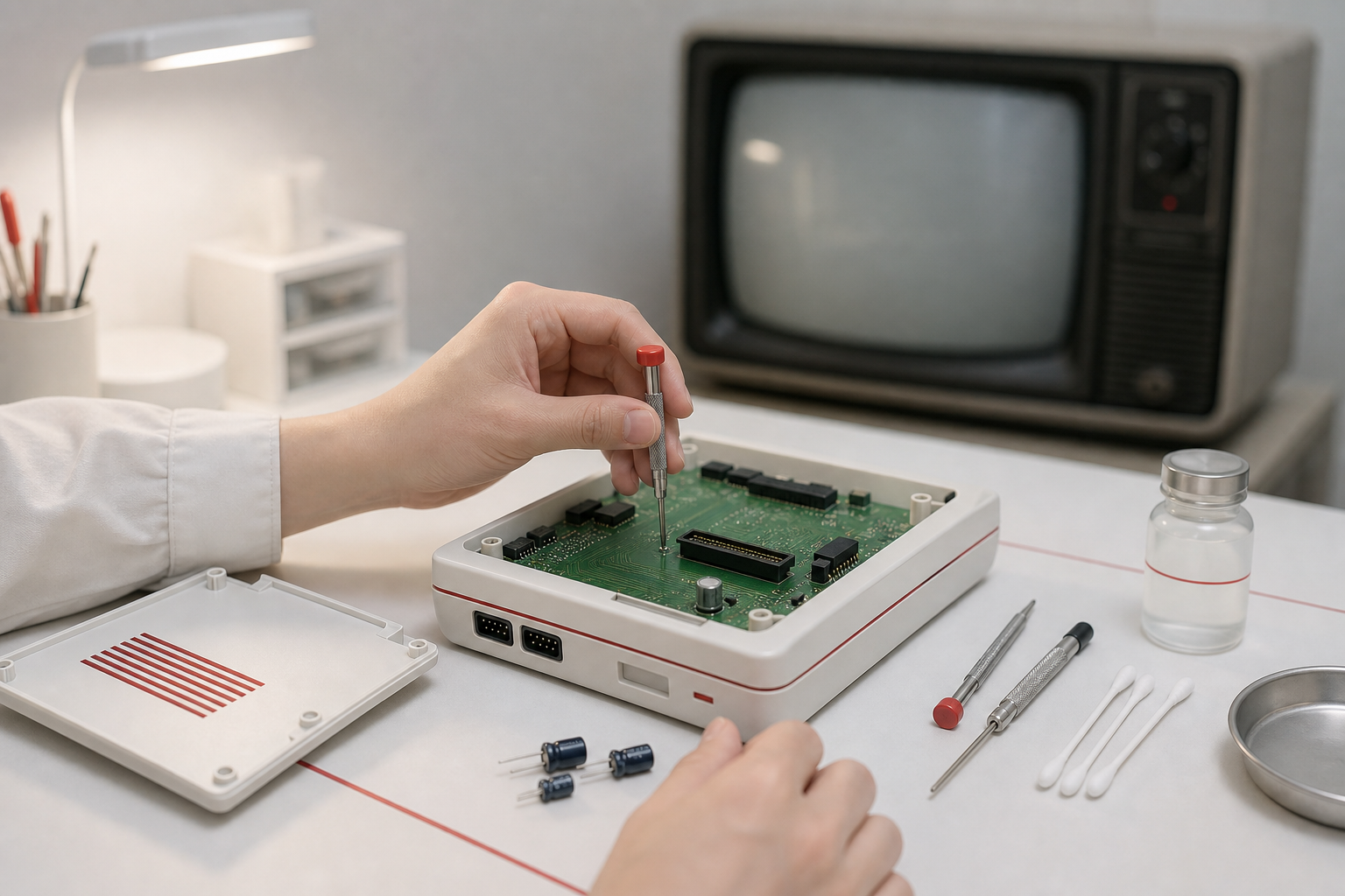 白と赤ラインの据置ゲーム機が修理の作業台に置かれた情景イラスト