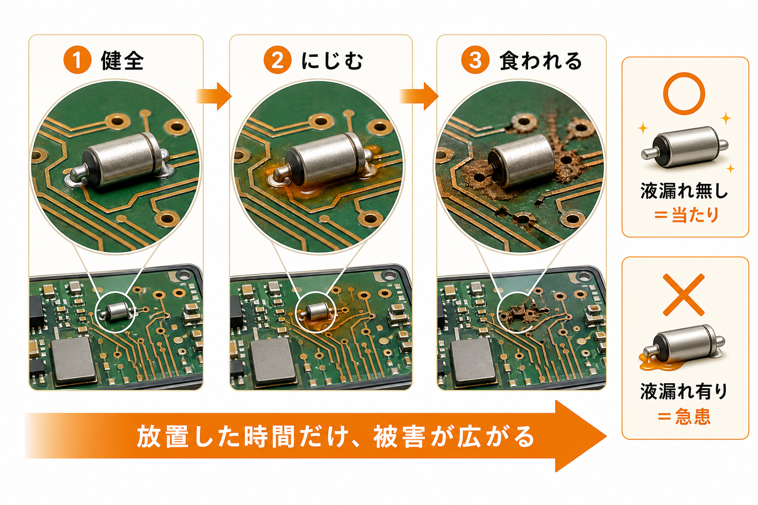 表面実装コンデンサの液漏れが基板の配線を腐食していく進行を示す図
