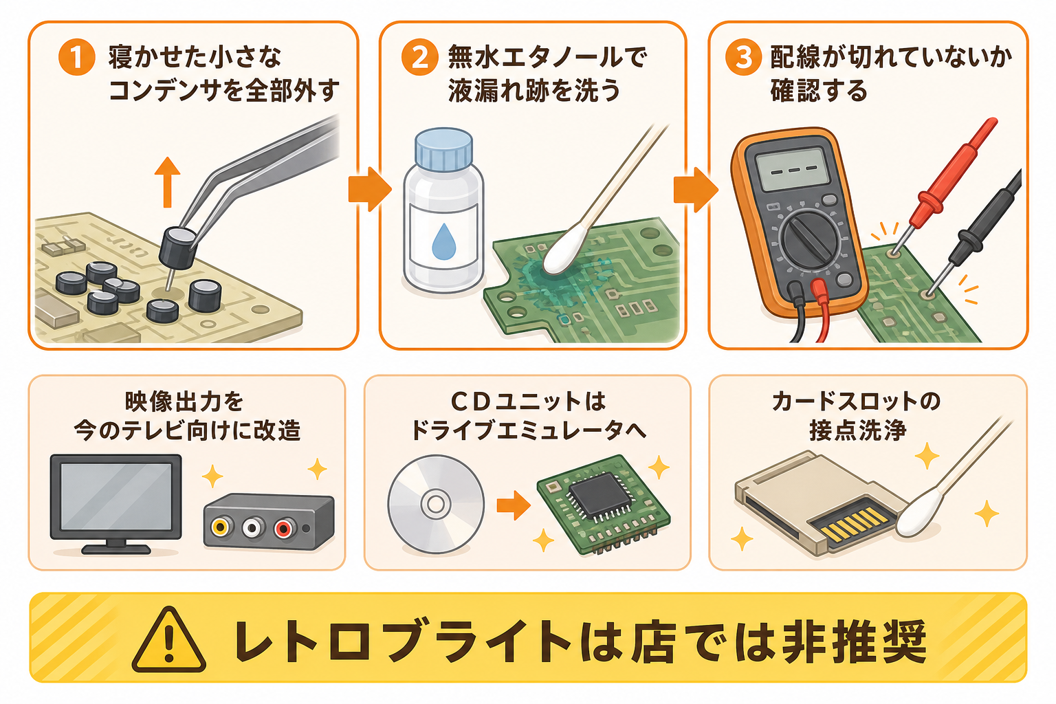 コンデンサ全交換と洗浄・断線確認をセットで行う改造メモの図