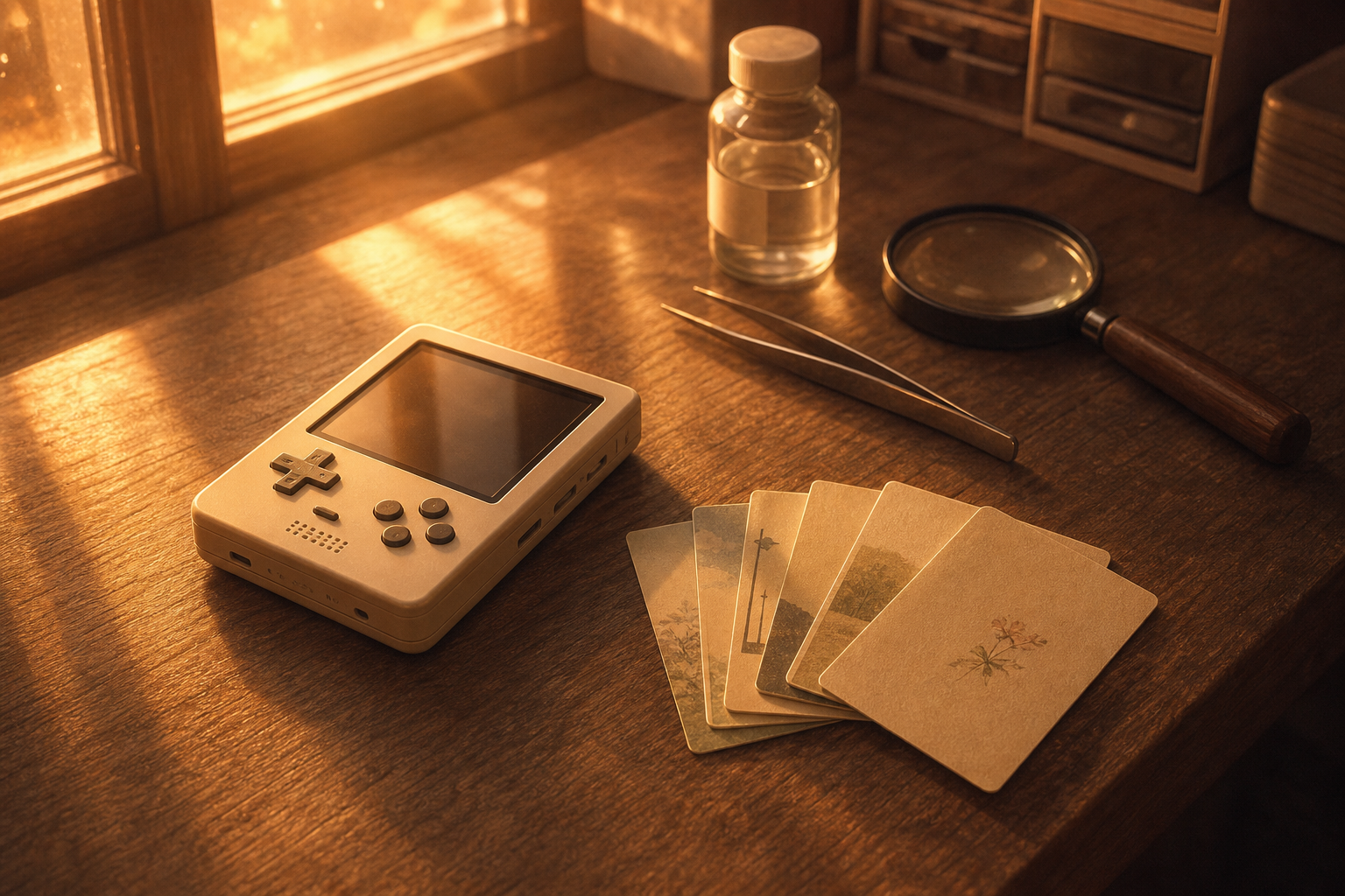 アイボリー色の小さな据置ゲーム機と名刺サイズのカードが作業台に並ぶ情景イラスト
