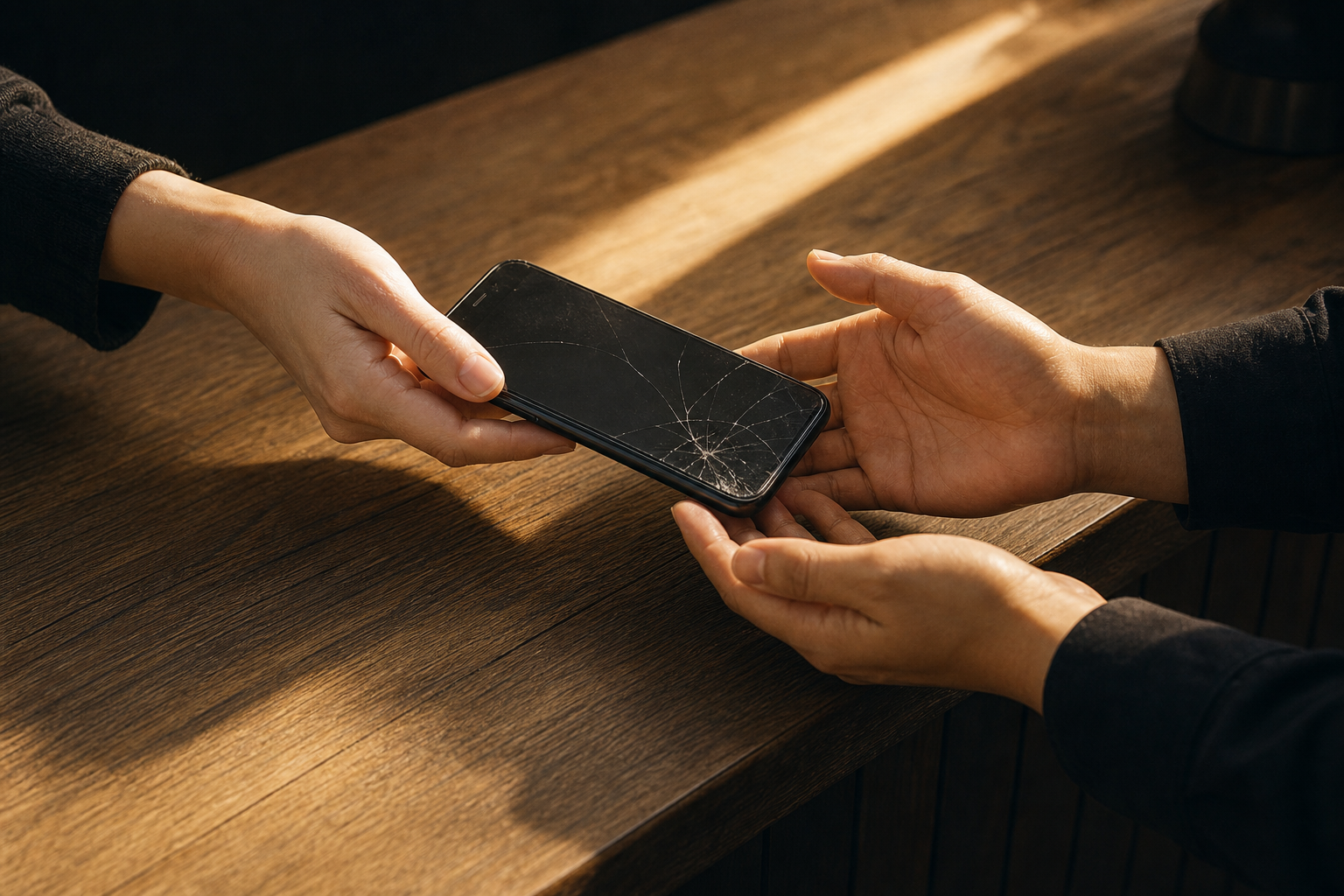 割れたスマートフォンを差し出す手と、それを受け取る手の情景イラスト