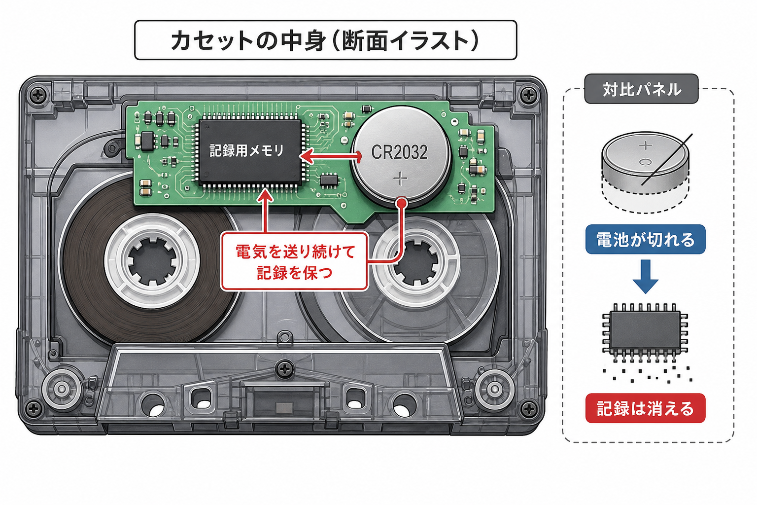 カセット内のSRAMとボタン電池でセーブが保持される仕組みの図解