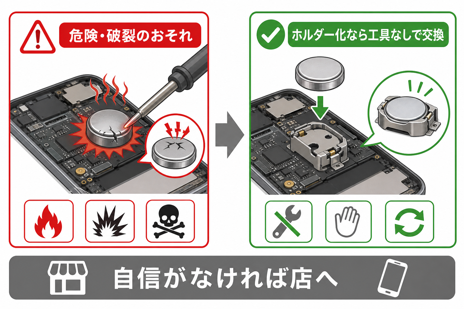 直付け電池へのはんだ付けは危険で、電池ホルダー化が安全という比較図