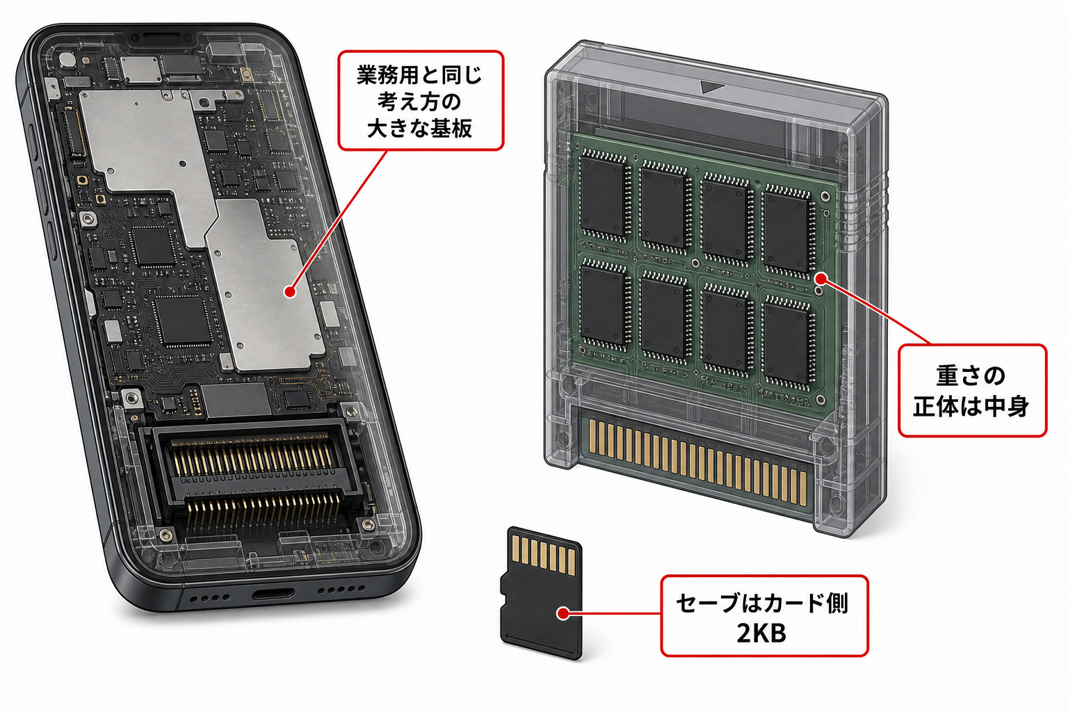 業務用基板をそのまま家庭用にした本体の中身と大型カセットの図解