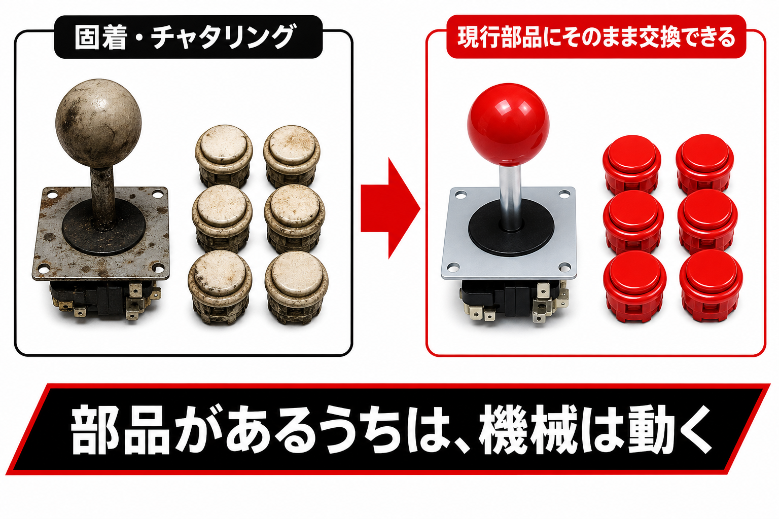 レバーとボタンを現行のアーケード部品へ換装して新品同様に戻す図解