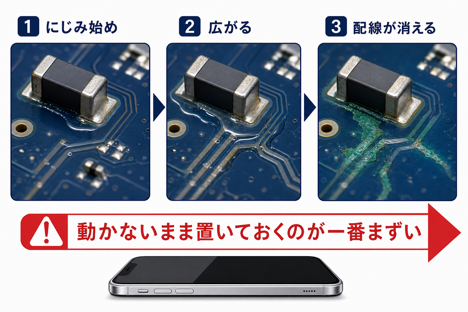 表面実装コンデンサの液漏れが基板の銅箔を侵していく進行の図解