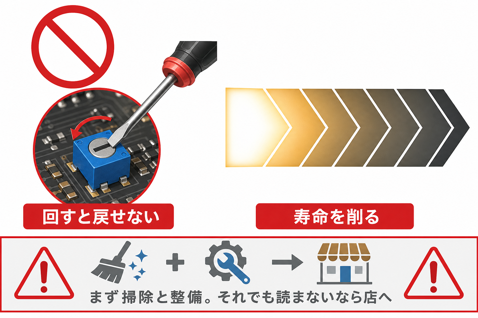 レーザー出力を上げる半固定抵抗の調整は片道切符であることを示す警告図