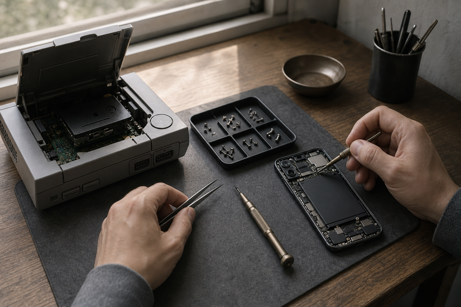 ３０年前の据置機と現代のスマートフォンを同じ手つきで開ける情景イラスト