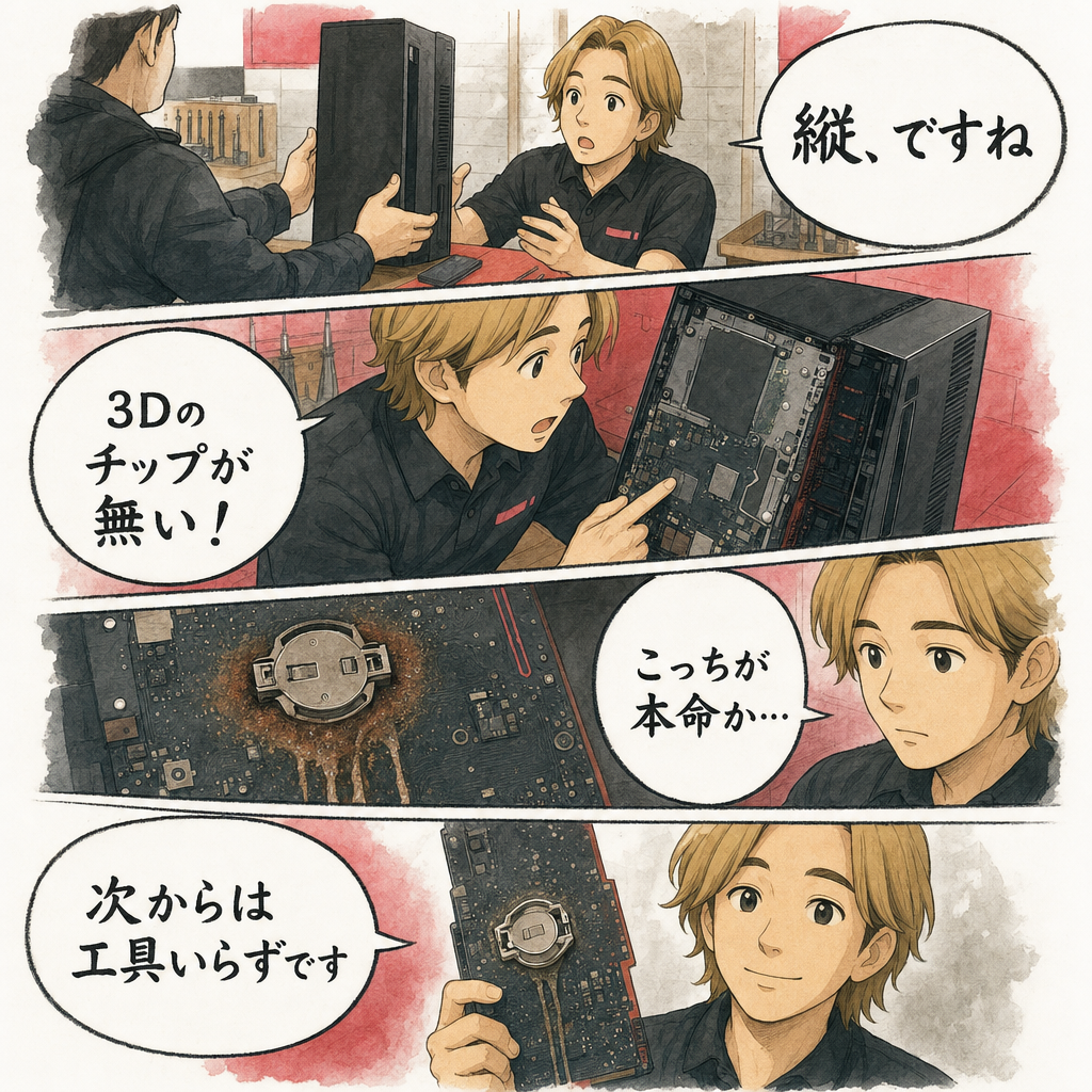 縦置きタワー型のPC-FXを修理店で開けて驚く様子の4コマ漫画