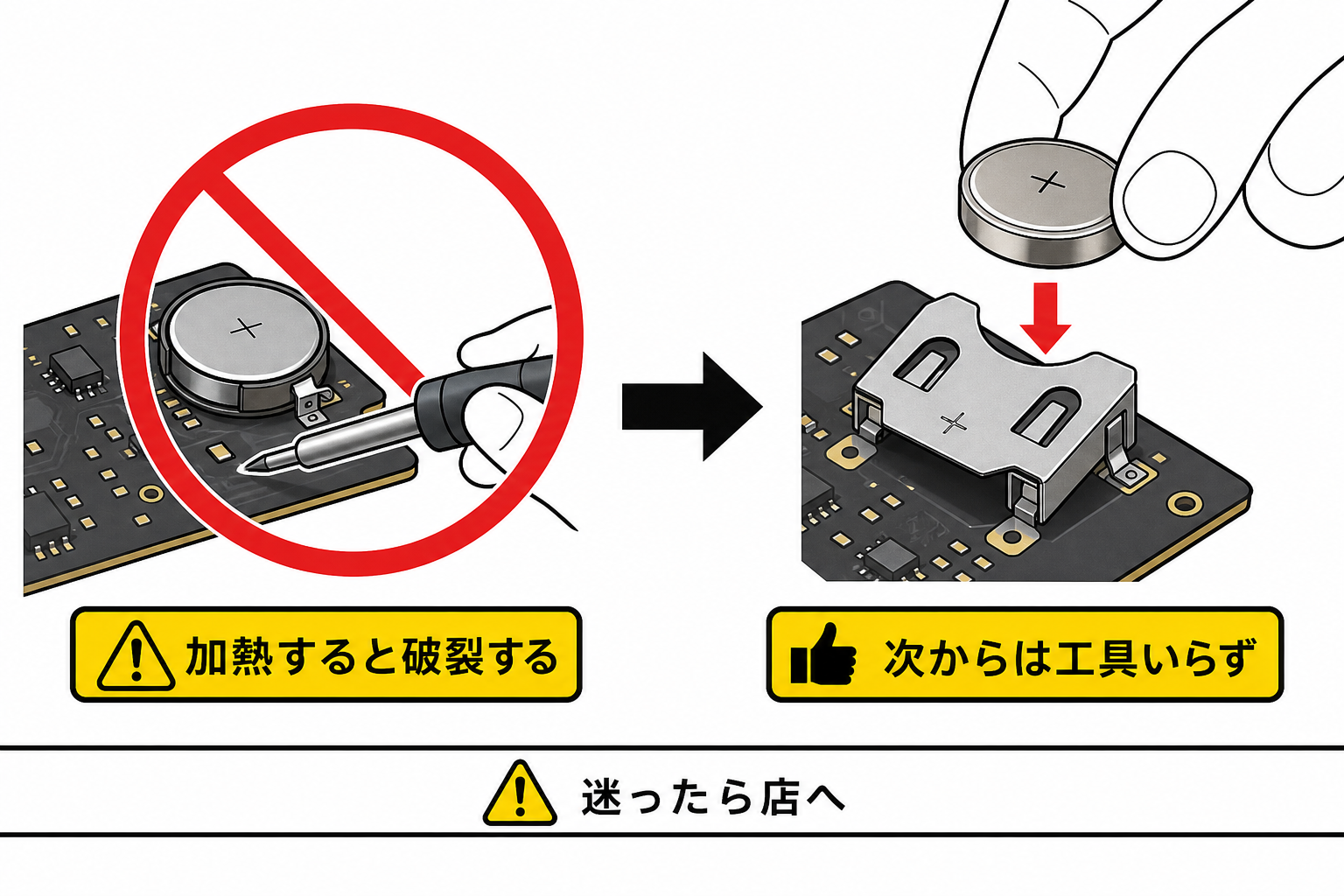 直付けの電池を電池ホルダーに置き換える改造の考え方を示す図