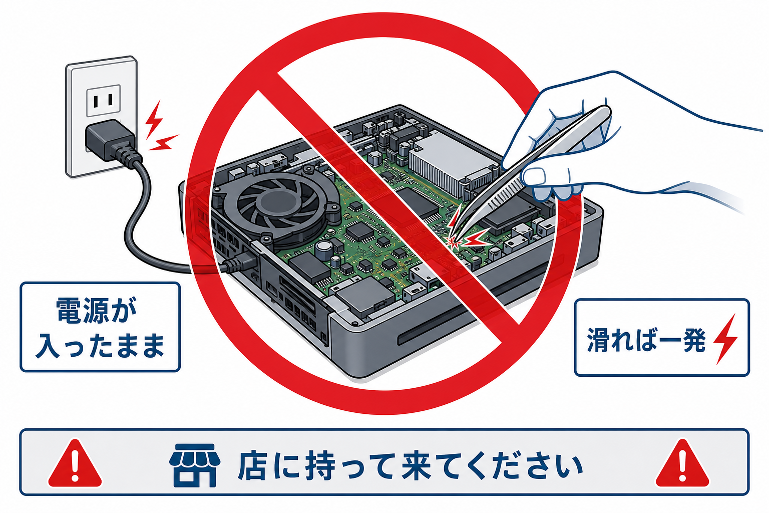 通電したままの電池交換が危険であることを示す警告図
