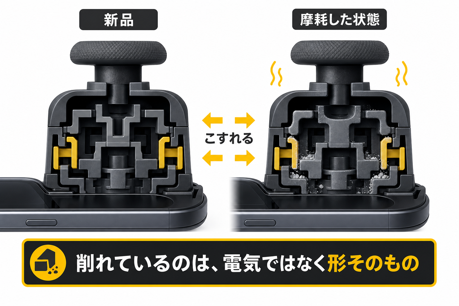3Dスティックのカムとハウジングが摩耗して白い粉が溜まる仕組みの図解