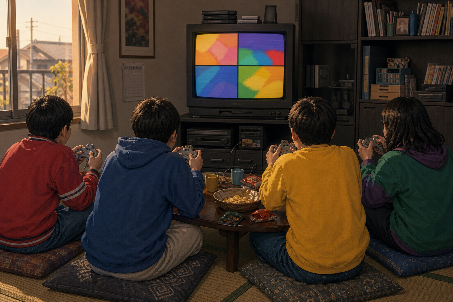 1990年代の居間でテレビを4分割にして4人で遊ぶ様子のイラスト