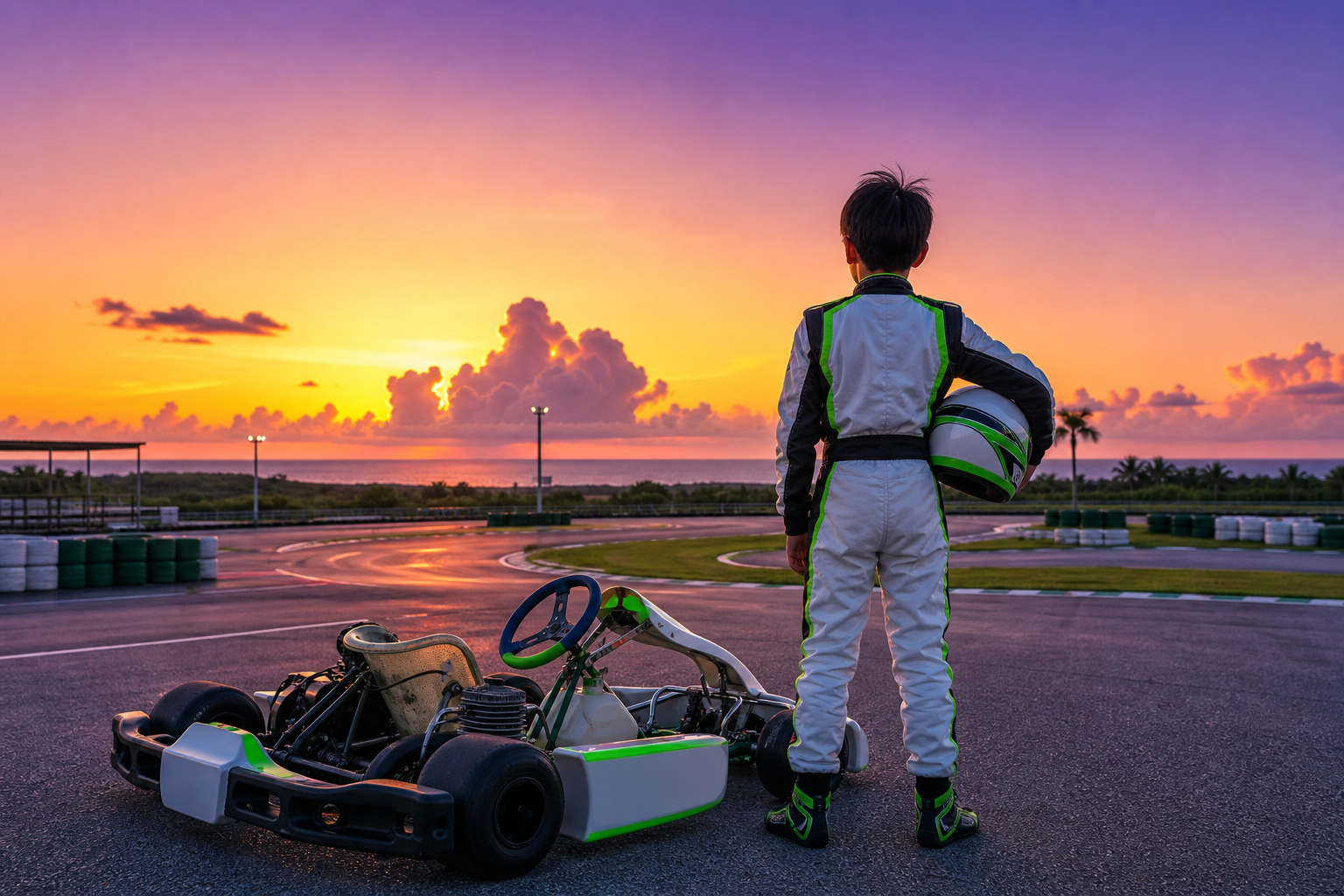 夕方のサーキットでヘルメットを抱えた少年の後ろ姿のイラスト