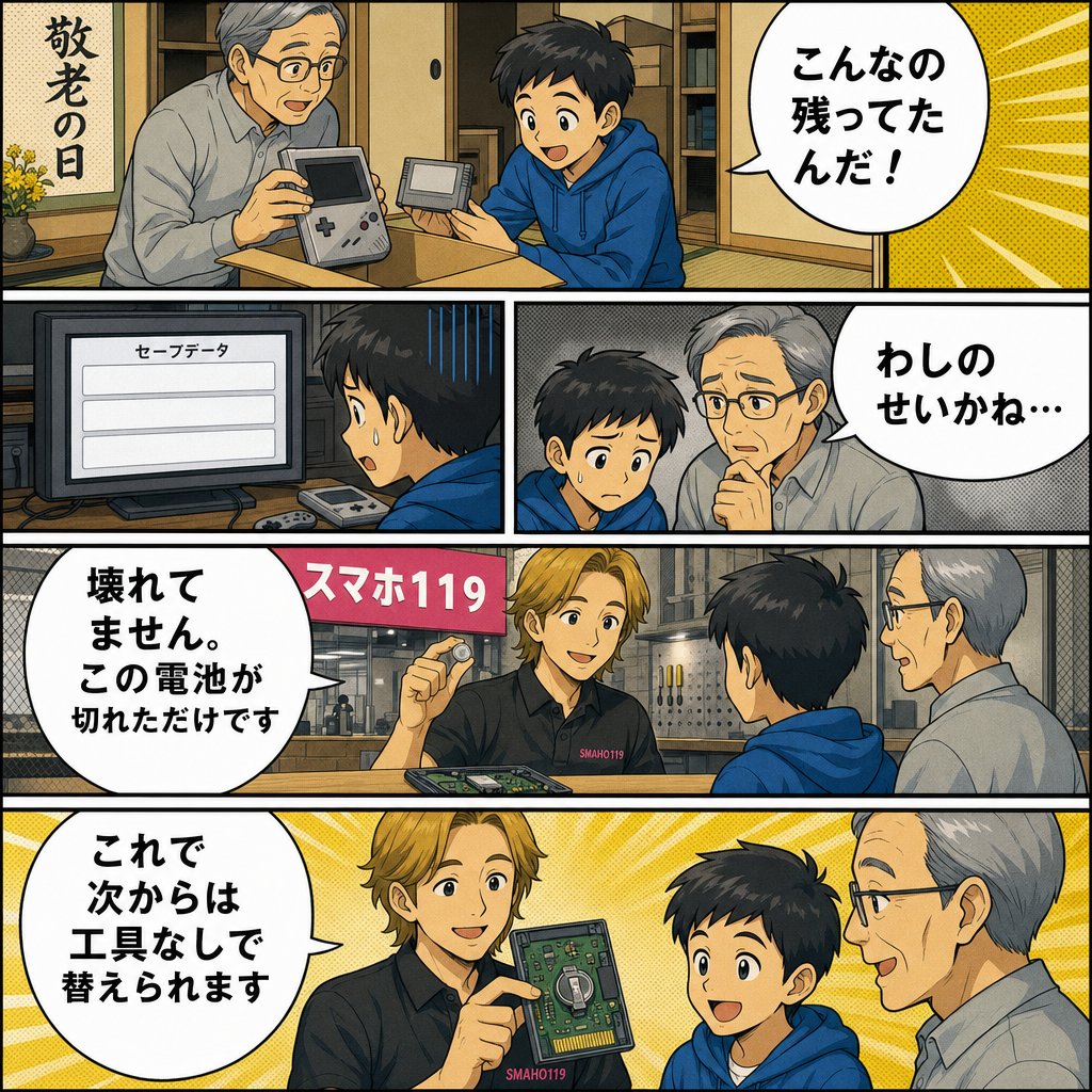 押し入れから出したソフトのセーブが消えている原因が電池切れだと分かる4コマ漫画