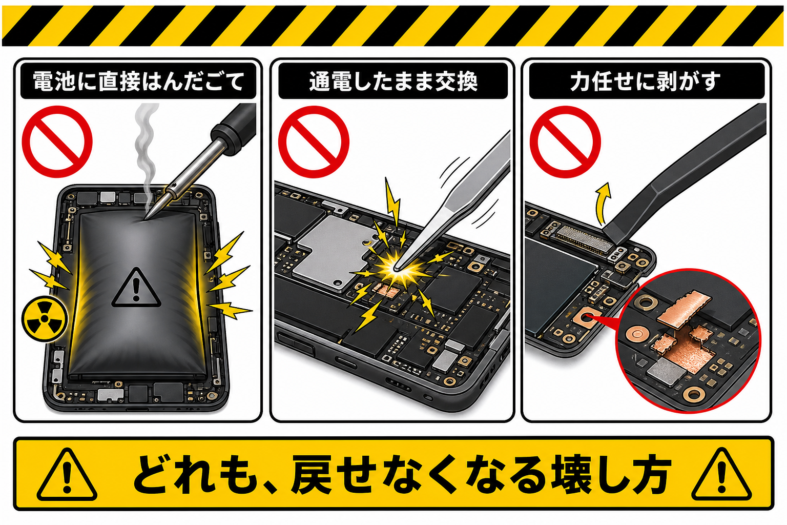 コイン電池への直接はんだ付けや通電したままの交換が危険であることを示す警告図
