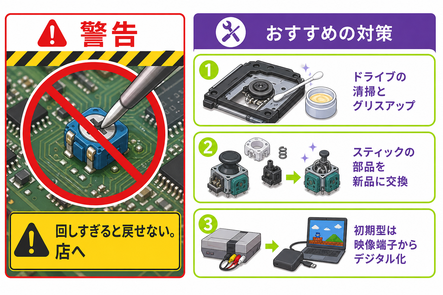 レーザー出力の半固定抵抗を回すのは非推奨で清掃と部品交換が現実的だと示す図