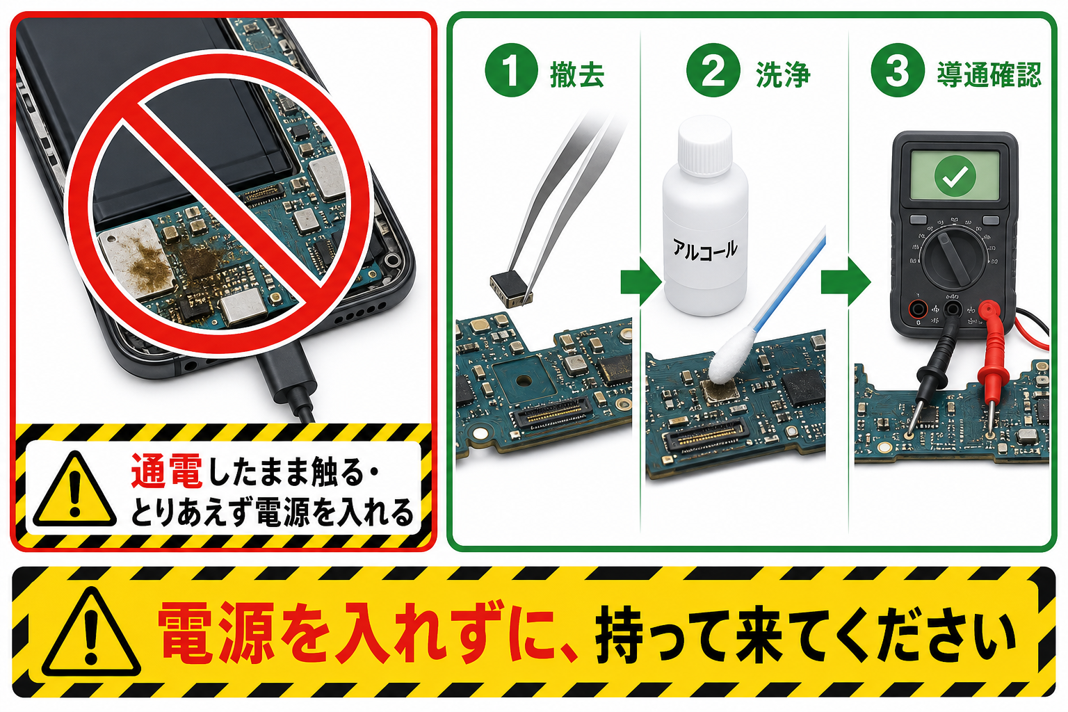 液漏れした基板に通電するのは禁止で洗浄と導通確認が正しい手順だと示す図