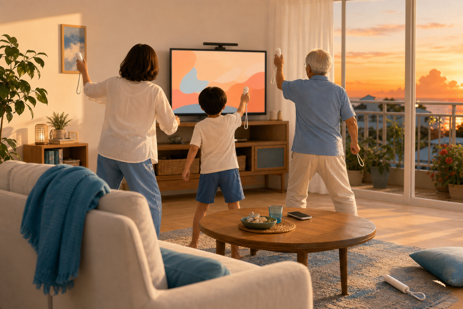 茶の間でテレビの前に立ち体を動かして遊ぶ家族の後ろ姿の情景イラスト