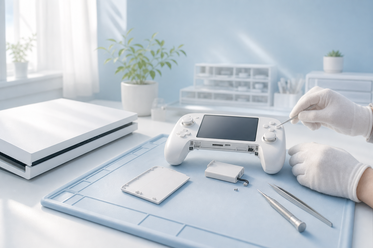 修理カウンターで白い据置ゲーム機とコントローラーを点検している静かな情景イラスト