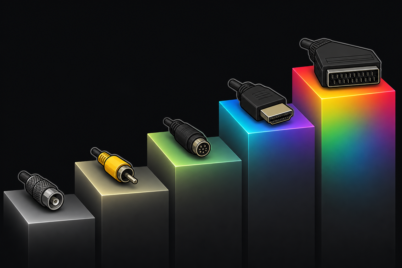 RFからRGB21ピンまでの映像端子を画質の順に並べた階段状の図