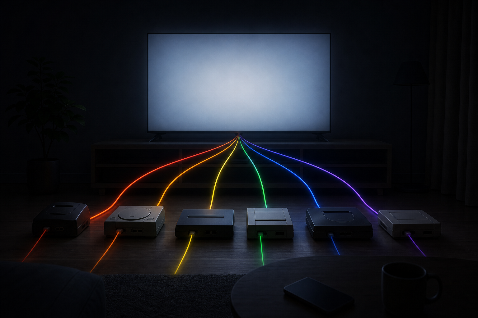 歴代の据置ゲーム機と今のテレビが虹色のケーブルで結ばれた締めくくりの情景イラスト
