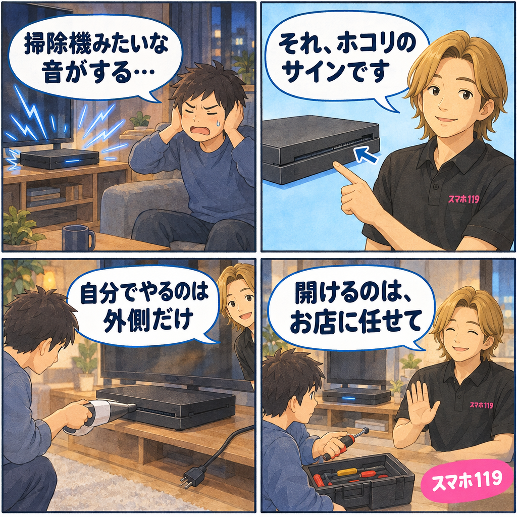 掃除機みたいな音がする黒い据置ゲーム機について、自分でやるのは外側の掃除まで、開けるのはお店に任せて、と専務が伝える4コマ漫画