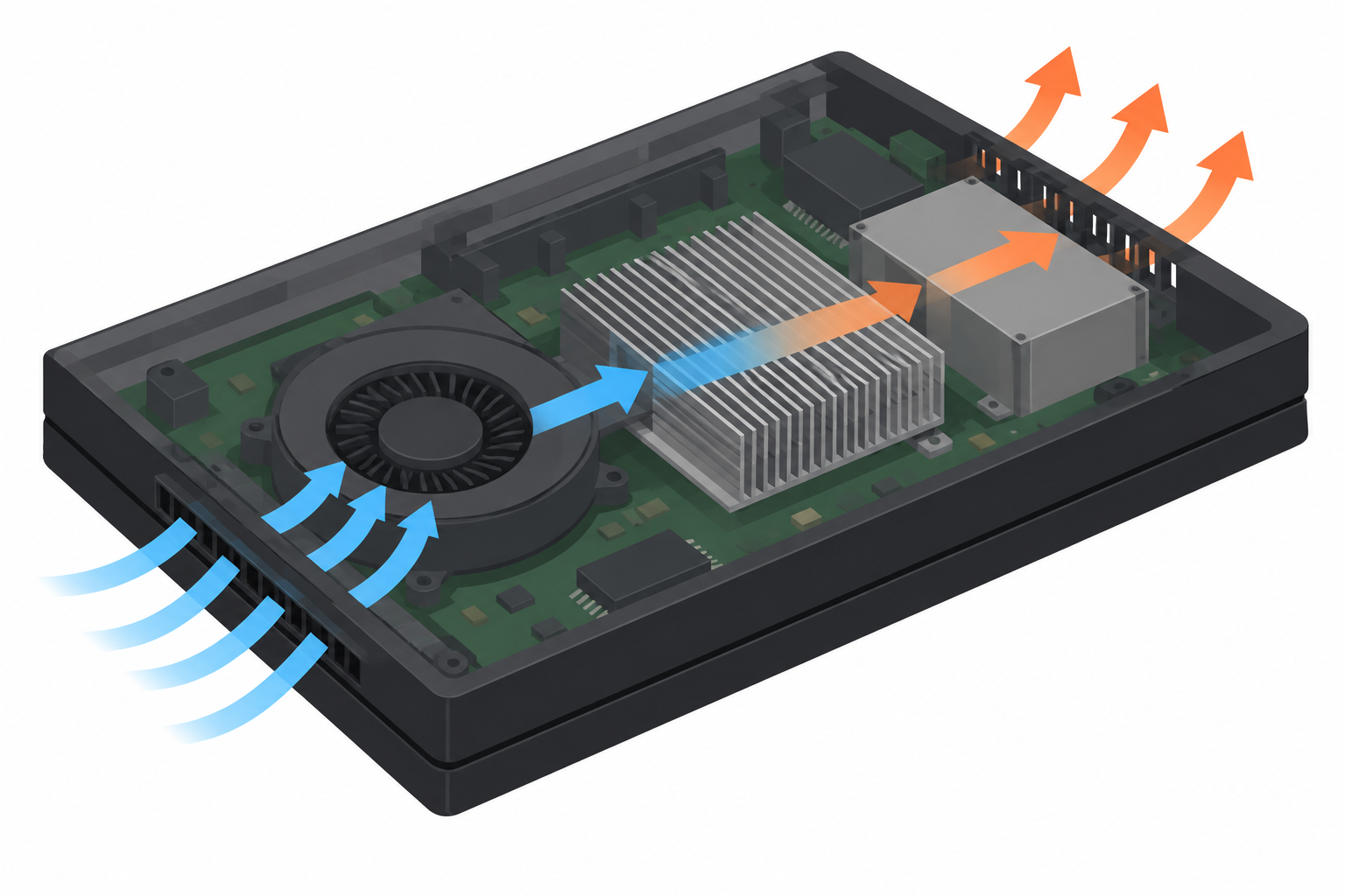 黒い据置ゲーム機の中で、すき間から吸った空気がファンとヒートシンクを抜けて後ろへ出る風の通り道を示した図